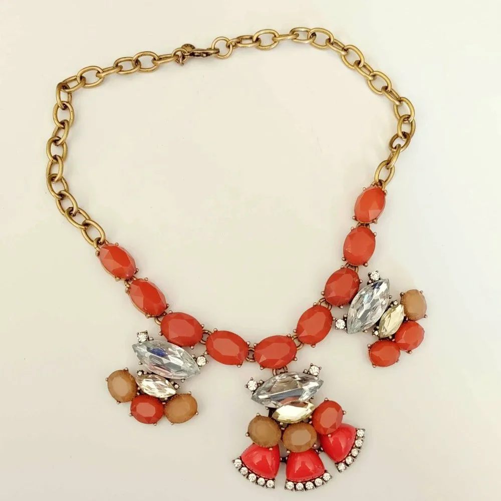 Orange, nude and crystal statement necklace